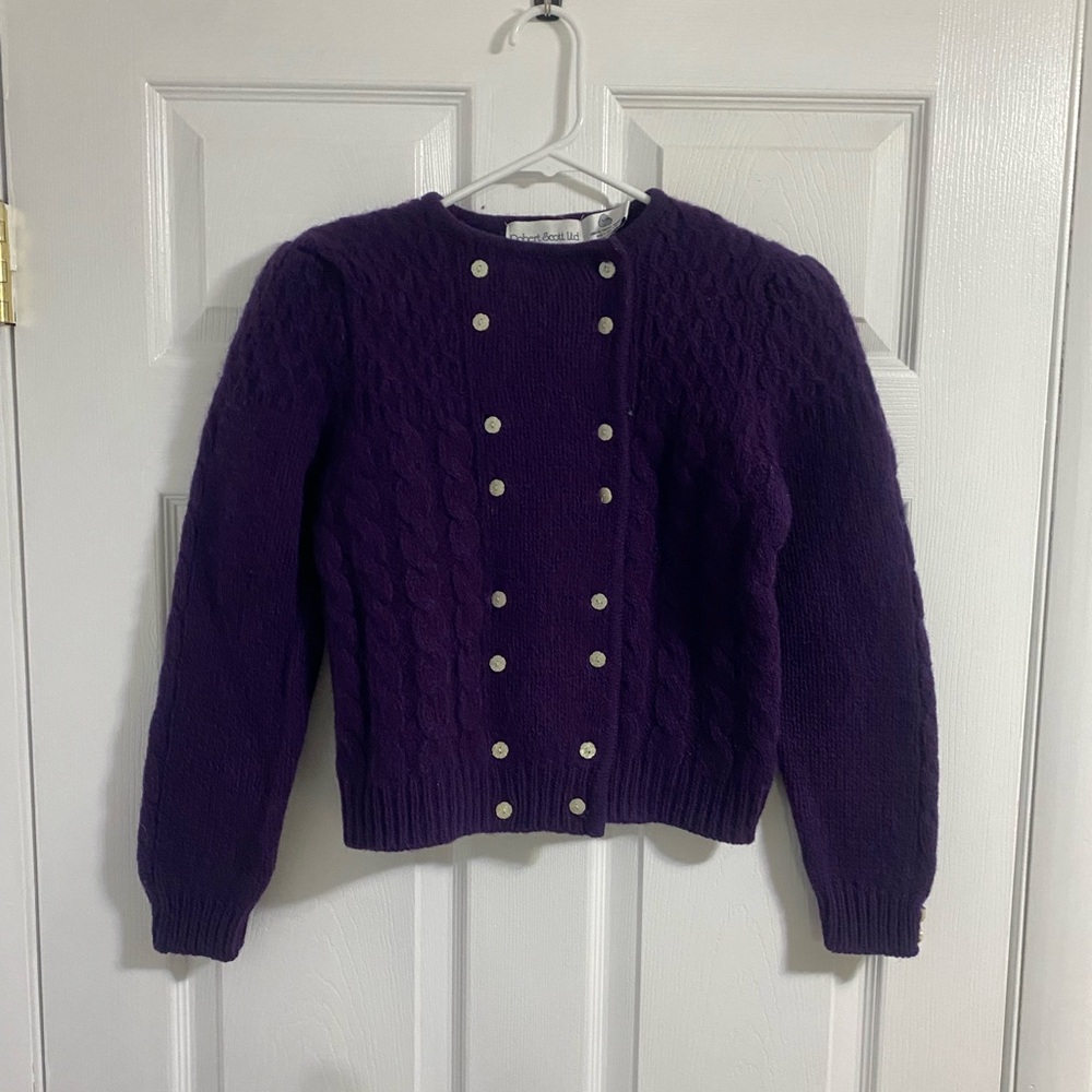 Robert Scott Vintage Wool Flower Button Double Breasted Purple Sweater